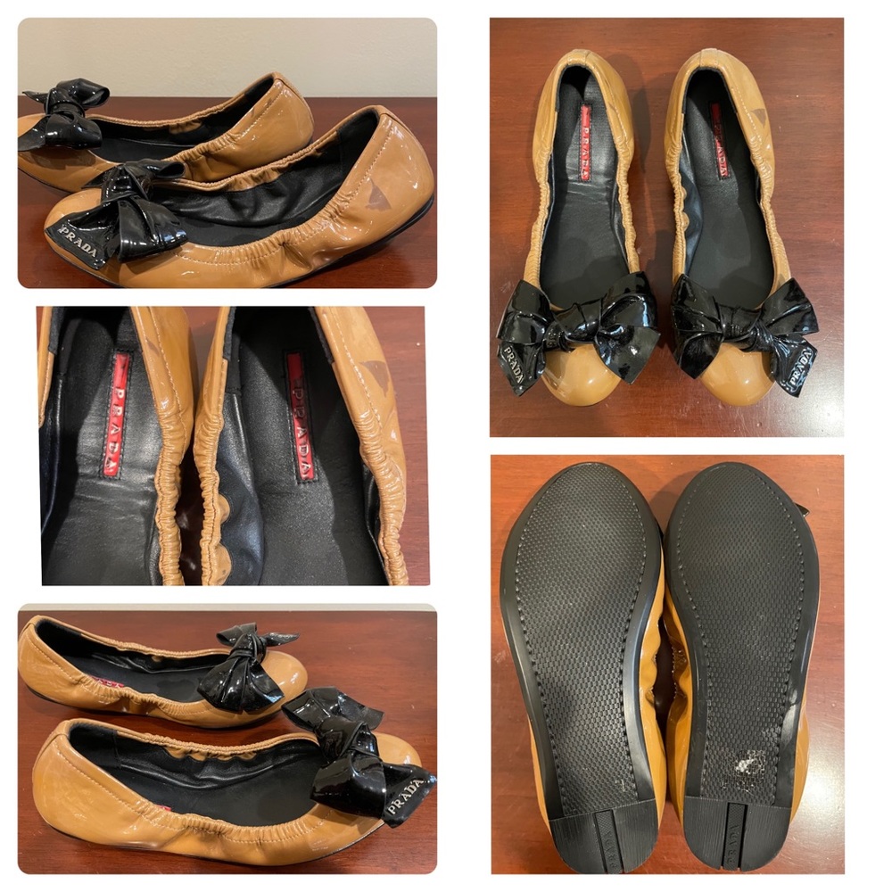 36.5 Prada Camel & Black Patent Leather Flats